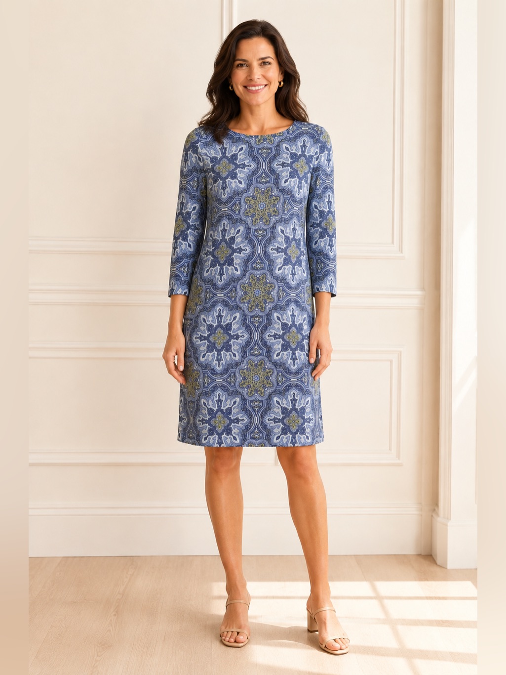 J.Mclaughlin Blue Paisley Shift Dress 3/4 Sleeve Stretch Jersey M